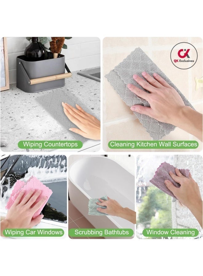 حصريات كيو كيه - قطعة قماش تنظيف متعددة الاستخدامات من الألياف الدقيقة، بوجهين، مع سلك فضي على الوجه الآخر، في علبة واحدة [عبوة واحدة تحتوي على 20 قطعة] - قابلة لإعادة الاستخدام والغسل - تنظيف سريع للأواني، والمواقد، والأحواض، والقدور، والمقالي، وشحوم الأسطح، والأوساخ، وبقايا الترسبات الكلسية، وقطعة قماش للتنظيف المنزلي والمطبخي. (ألوان متنوعة) - Image 5